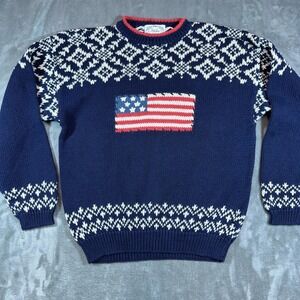 Stitches In Time Sweater Mens Medium Navy American Flag Fair Isle Knit USA Vtg
